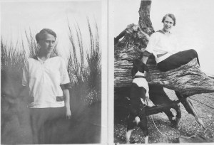 Photo of Ella (two) with dog and big stump